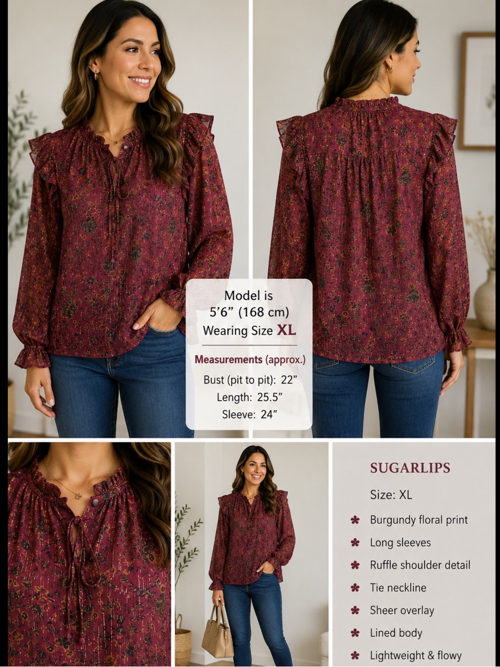 Sugarlips Women’s 1X Burgundy Floral Ruffle Long Sleeve Sheer Blouse